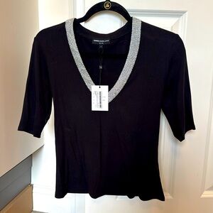 NWT Generation Love embellished black ribbed deep v neck with rhinestone detail